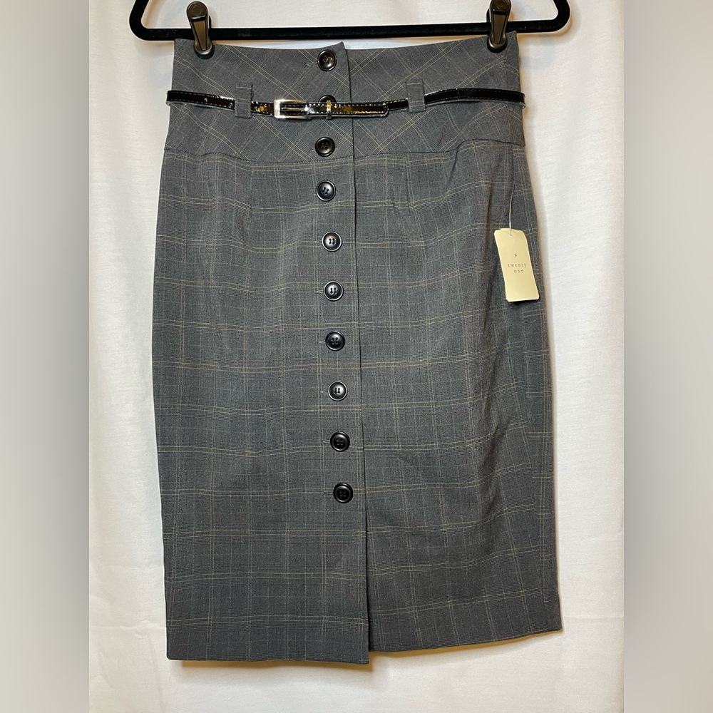 NWT Forever 21 Gray w Yellow Plaid Long Button Down Pencil Skirt w/ Belt Size M